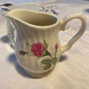 Floral Creamer & Clear Heavy Glass Pitcher